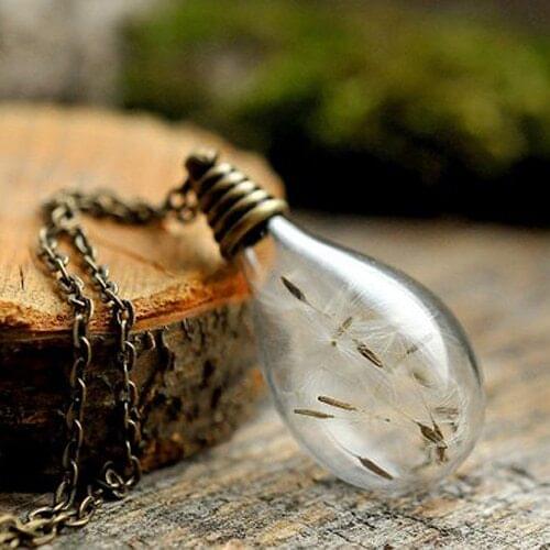 3PCS 31X18MM Real Dandelion Seed Round Tear Drop Necklace wish necklace Romantic necklace gift for her