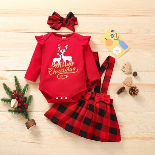 3pcs Christmas Newborn Baby Girls Long Sleeves Babysuit Bodysuit Top Headband Plaid Bow Skirt Clothes Set 6 12 16 18 Month