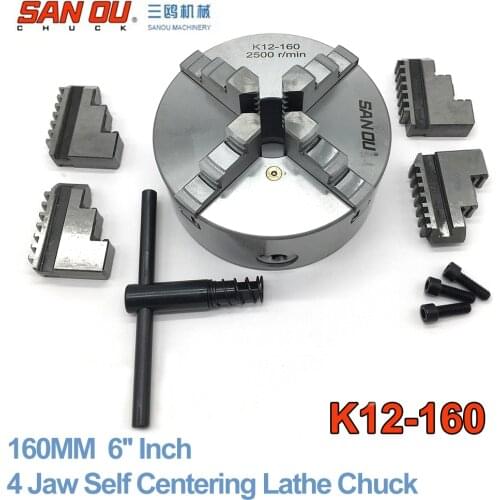 4 Jaw 160MM 6'' Self Centering Lathe Chuck SANOU K12-160 Hardened Reversible Mounting Tool for Drilling Milling woodworking
