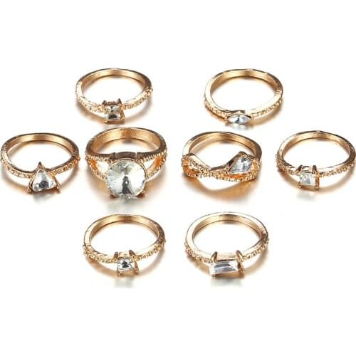 8Pcs/Set Fashion Gold Crystal Zircon Ring Set Simple Rhinestone Joint Rings for Women Wedding Bride Party Holiday Jewelry