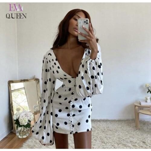 EvaQueen Polka Dot White Mini Dress Women Deep V Neck Bodycon Sexy Dresses Female Long Lantern Sleeves Buttons Down Autumn Dress