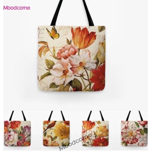 Retro Flower Birds Butterfly Art Oil Painting Stylish Waterproof Cotton Linen Large Shopping Bag Large Floral Shoulder Tote Bag