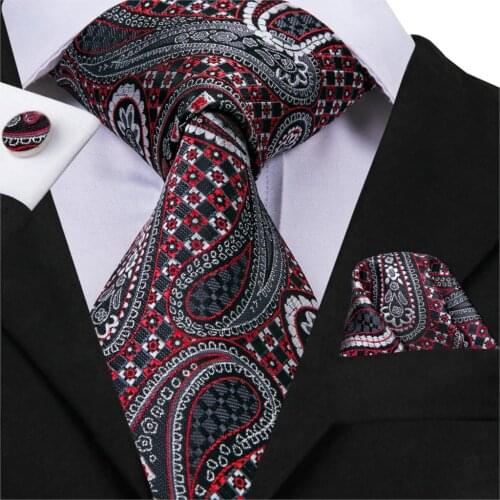 Hi-Tie Paisley Silk Ties for Men Fashion Dark Red Paisley Tie Handkerchief Cufflinks Set Mens Suit Luxury Neck Ties C-3079