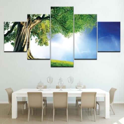 Pictures Frame Home Decor Printed Poster 5 Pieces Tree Blue Sky And Ocean Beach Seascape Wall Art Canvas Painting Artwork