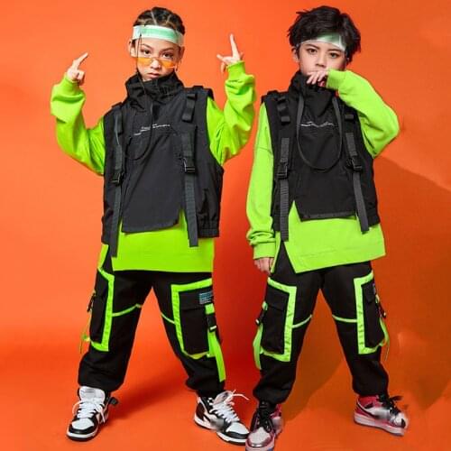 Hip Hop Costume Boys Street Dance Clothing Loose Hip Hop Vest Green Tops Sport Jogger Pants Jazz Hiphop Show Rave Wear BL5196