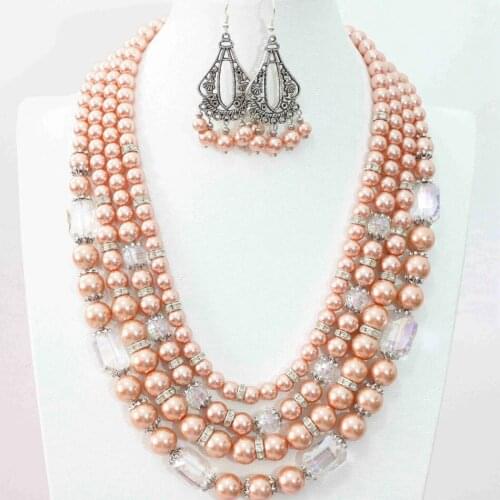 Orange shell simulated-pearl round beads earrings necklace 4rows silver-color spacer accessories romantic jewelry 18.5-23"B996