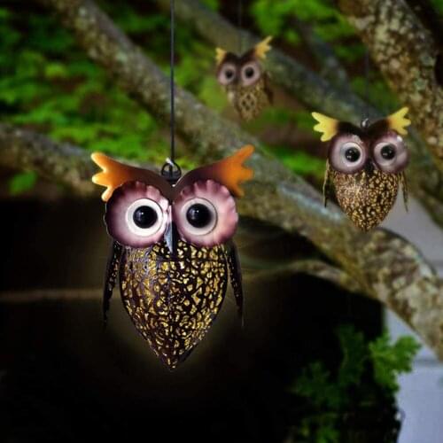 Solar Power Metallic Owl Lamp LED Waterproof Hollow Lawn Lights Hanging Lamp Home Yard Garden Decoration