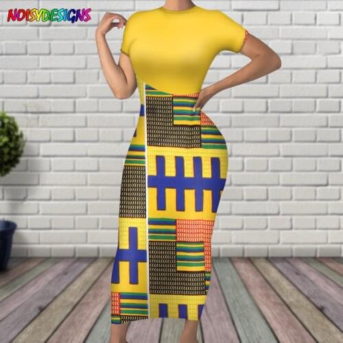 NOISYDESIGNS Long Dress Women African Kente Print Short Sleeve O-Neck Party Dress Causal Dresses Dropshipping Vestidos De Mujer