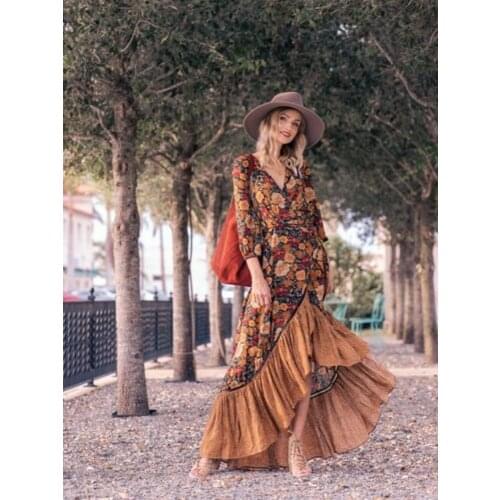 Autumn New Floor Length Dress Womens Long Sleeve Printing Dress Floral Vintage Irregular Maxi Dress Mujer Chic Wrap Dress