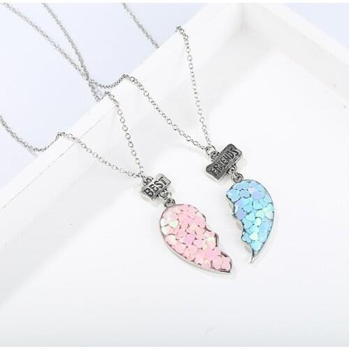 New Pink Blue Sequin Stitching Heart Broken Best Friends Necklace Pendant Chain BFF Friendship Jewelry Gifts For Kids 2PCS/Set