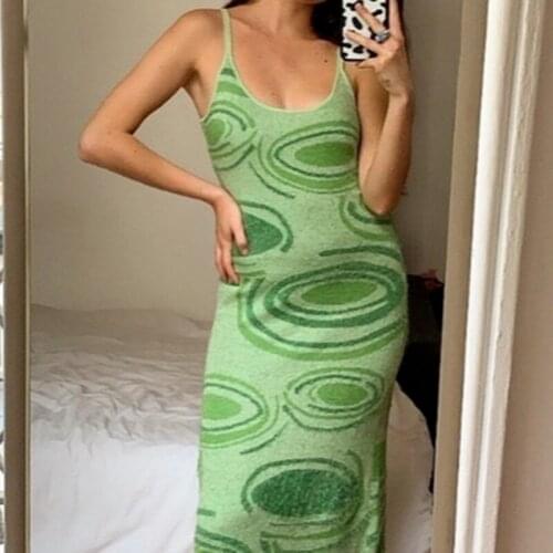 Print Knited Dresses Women Summer Bodycon Sweaters Dress Green Y2K Sexy Sleeveless Sweaters Dress Beach Casual Sundress 2021