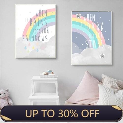 Rainbow Nursery Simple Quotes Poster Cartoon Wall Art Canvas Painting Decorative Picture Kid Child Bedroom Decoration