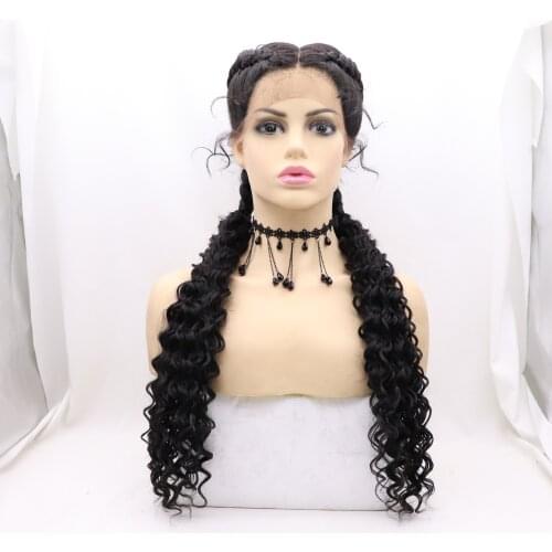 Melody Synthetic Lace Front Wig Handmade 2X Double Twist Braided Curly 1B#Natural Black for Women Natural Looking Drag Queen