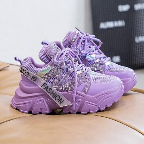 High Quality Women Chunky Sneakers 2021 Fashion Purple Sports Shoes Luxury Bling Rhinestone Womens Casual Shoes Ladies Trainers
