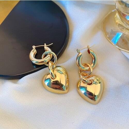 2020 New Punk Design Simple Vintage Metal Gold Silver Color Love Heart Sparking Simple Fashion Drop Earrings for Women