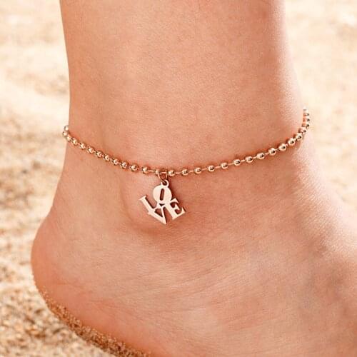 Womens Elegant Letter LOVE Anklet Bracelet Girl initial anklet Heart Shaped Sun coconut tree Compass Beaded Leg Chain foot gift