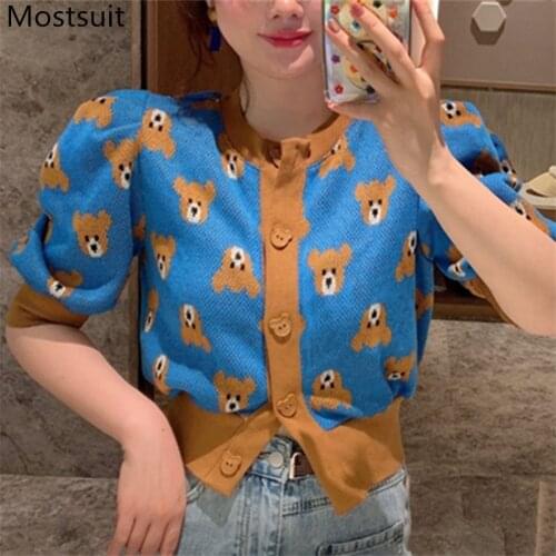 Bear Knitted Women Cardigan Tops Summer Puff Sleeve O-neck Single Breasted Crop Tops Korean Vintage Ladies Jumpers 2021