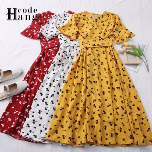 HangCode Casual Floral Print Long Dress A-line High Waist Bandage Short Sleeve Chiffon Women Dress Ladies Simple Summer Dresses