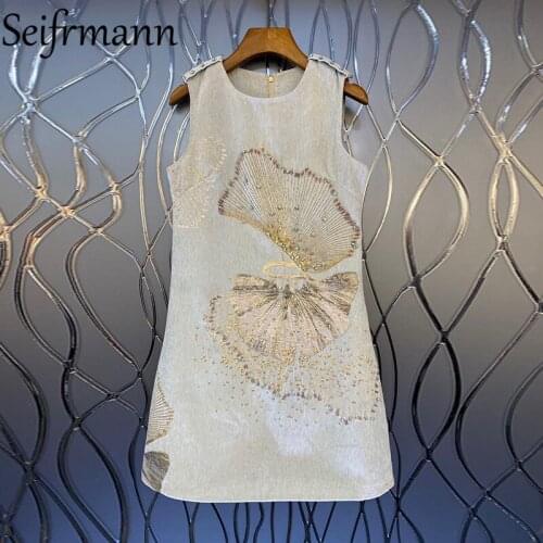 Seifrmann New 2021 Autumn Women Fashion Runway Party Midi Dress Sleeveless Gorgeous Crystal Beading Elegant Slim A-Line Dresses