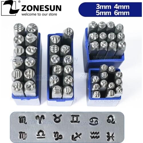 ZONESUN Leather stamp 12PCS Jewelry Metal Stamps Symbols Leather Punch Die Stamping Tools Steel Metal Tool For Bracelet Necklace