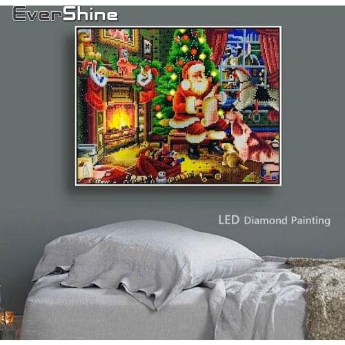 EverShine LED Light Diamond Embroidery Round Drill With Frame Diamond Painting Santa Claus Diamond Mosaic Christmas Home Decor