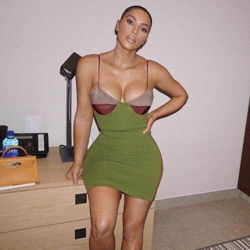 Bandage women dresses Green Celebrity Patchwork women Spaghetti Strap mini Street bodycon simple French Dress vestidos