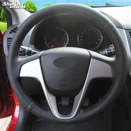Shining wheat Black Genuine Leather Steering Wheel Cover for Hyundai Solaris Verna I20 Accent