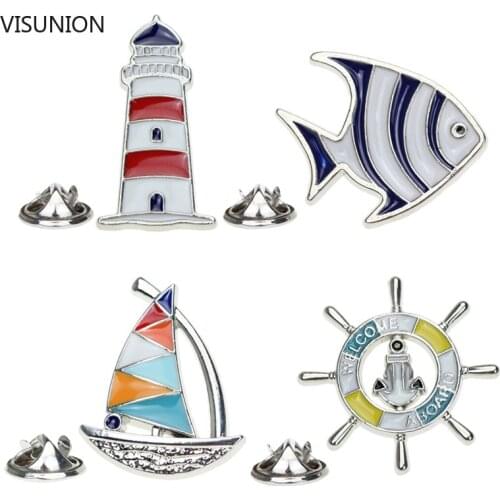 Fashion Navy Wind Tropical Fish Enamel Pins Brooches Creative Sailboat Lighthouse Rudder Fish Badges Lapel Brooch Jewelry Unisex