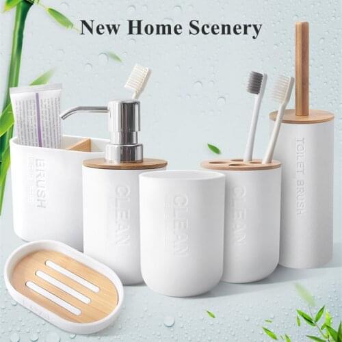 5Pcs Toilet Brush Bamboo Bathroom Set Toothbrush Holder Cup Soap Holder Emulsion Dispenser Container Bathroom Accessories Tools