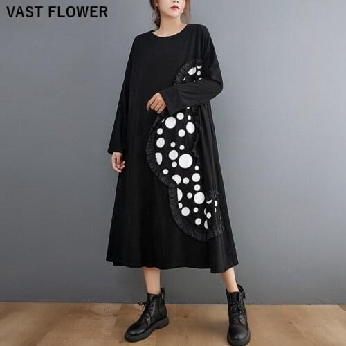 Cotton Black Vintage Polka Dot Dresses For Women Fashion Long Sleeve Loose Casual Long Dress Elegant Clothes Spring Autumn 2021