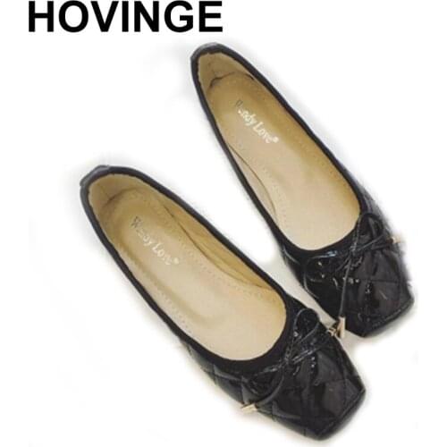 HOVINGEEurope and United States 2021 autumn new patent leather women shoes bow square head flat with flat comfortable womens sh