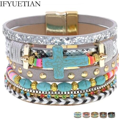 IFYUETIAN Ethnic stone beaded bracelets for women fashion wrap leather bracelets Magnet cross bracelet Female Jewelry gifts