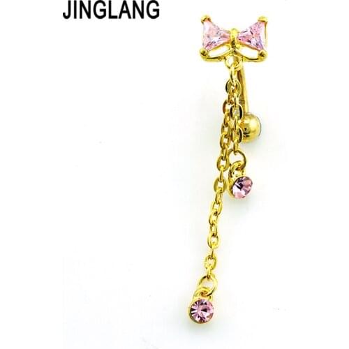 JINGLANG Fashion Gold Color Belly Button Rings 316L Stainless Steel Barbell 3 Style Bowknot Chain Navel Piercing Jewelry