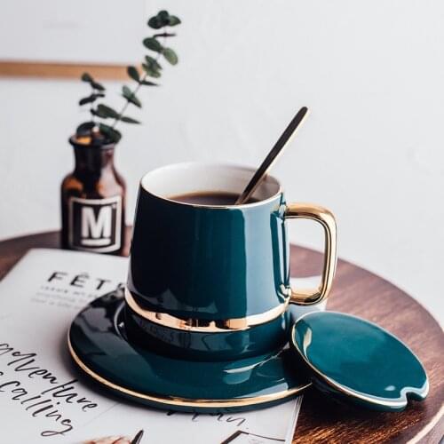 European Phnom Penh Ceramic Coffee Cup With Lid Saucer and Spoon Set Retro Breakfast Milk Mugs Office Teacup Household Drinkware