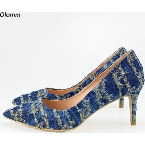 Ronticool New Arrival Women Denim Pumps Slim Heels Pointed Toe Pretty Blue Offie Dress Shoes Women US Plus Size 5-15