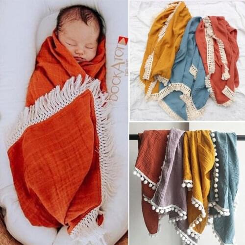 Organic Cotton Muslin Blanket Double Gauze Bath Towel Baby Tassel Blankets Newborn Big Diaper Swaddle Wrap Feeding Photo Props