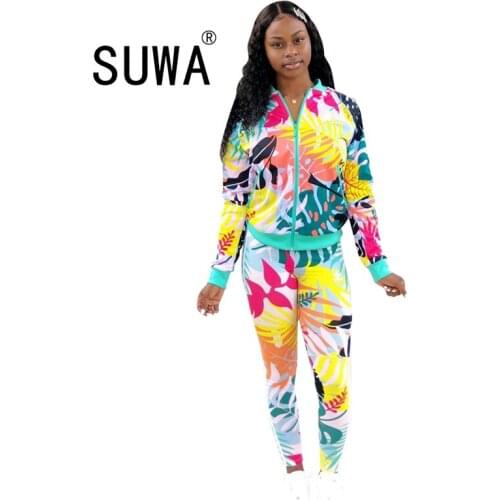 Autumn Winter Casual Workout Clothes Women Long Sleeve Zipper Coat And Skinny Pencil Pants Printed Two Piece Lounge Wear Set