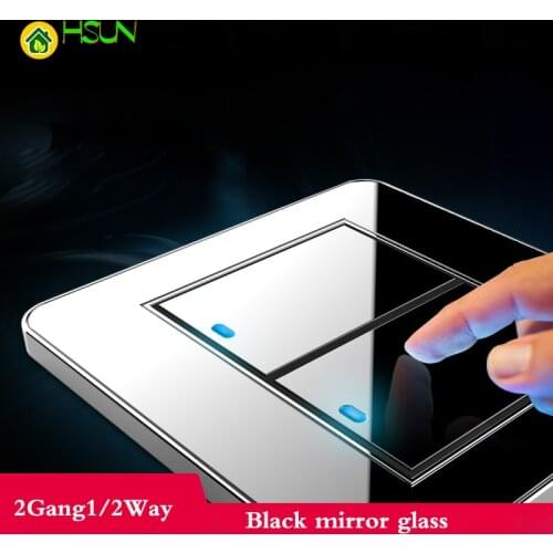 Tap switch at any point Type 86 Black Mirror Glass 2Gang 1Way 2Way Wall Switch Panel with led fluorescent
