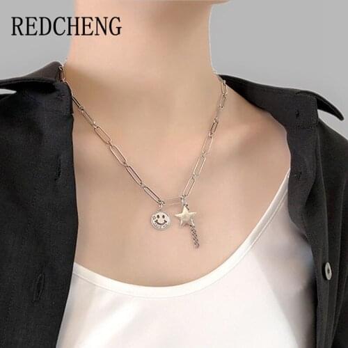 REDCHENG 925 Sterling Silver Smiley Pentagram Tassel Necklaces for Women INS Fashion Exquisite Star Party Fine Jewelry Gifts