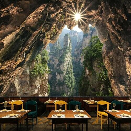 Custom Self-Adhesive Mural Wallpaper 3D Stereo Cave Stone Wall Cliff Forest Fresco Restaurant Cafe Waterproof Canvas 3D Stickers