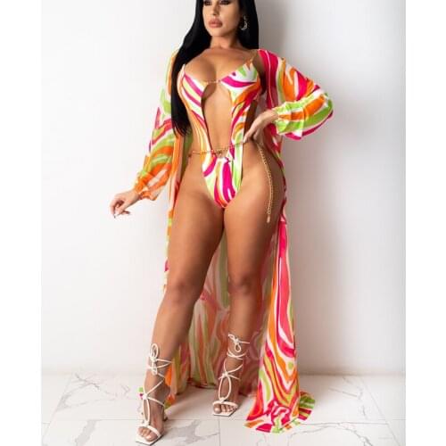 Sexy Print Bikinis Set Women Swimwear Chain Straps Hollow Out One Piece Swimsuit with Long Robe Female Beachwear Bathing Suit