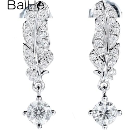 BAIHE Solid 14K White/Yellow/Rose Gold 0.42ct H/SI Natural Diamonds Earrings Wedding Gift Fine Jewelry Leaf Stud Earrings Women