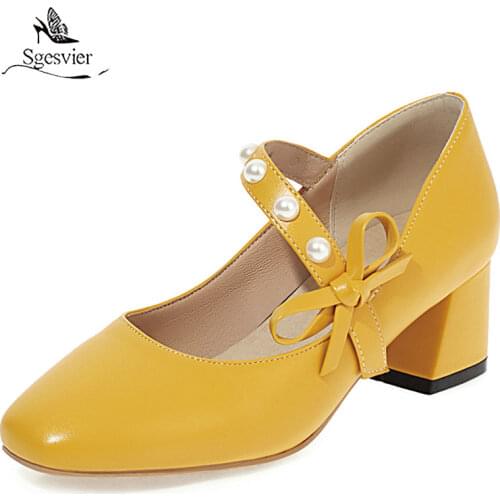 Sgesvier Pumps Women High Heels Bowtie Pumps Round Toe Thick Heel Dress Female Footwear Summer Black Yellow Large Size 48