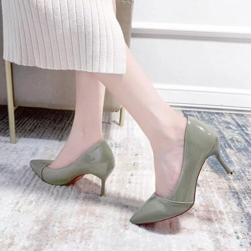 Womens Elegant Ladies Office Patent Leather High Heels Woman Pointed Toe Shallow Shoes Female Slip On Med Thick Heels W32-54