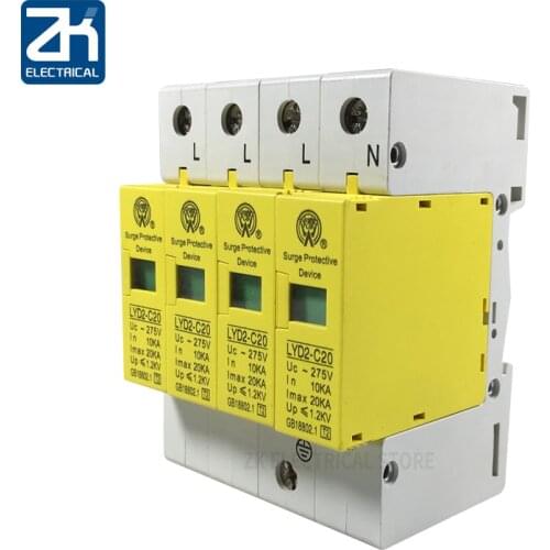 C20-4P 10KA~20KA ~275V 385V 420V AC SPD House Surge Protector Protective Low-voltage Arrester Device 3P+N Lightning protection