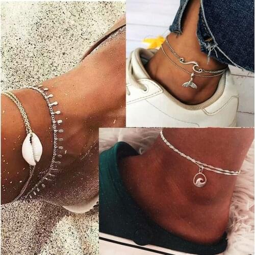 Pack of 2 beach anklets with shell and fish tail /wave pendant design in mixed link chains female enkelband