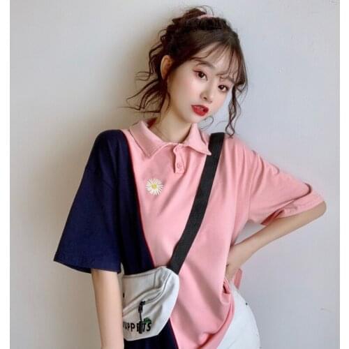 Womens T-shirts Tops Japanese Kawaii Ladies Ulzzang Embroidered Daisy Loose T-shirt Female Korean Harajuku Clothes For Women
