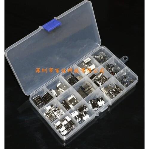 82Pcs USB male and female plug-in board SMD mini 2-pin 90 degree double layer 180 degree commonly used USB socket 14 kinds