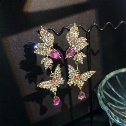 Butterfly Rhinestone Dangle Earrings for Women Water Drop Pink Crystal Earrings Weddings Party Jewelry