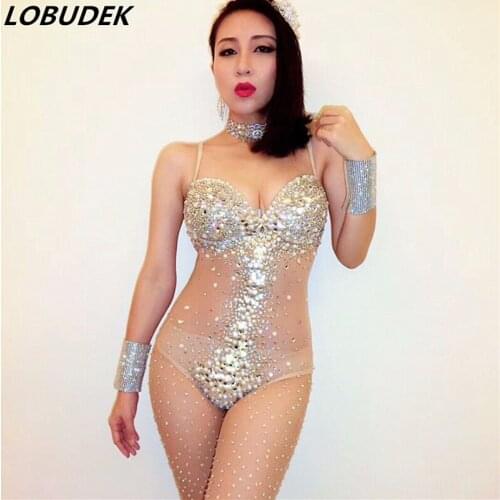 Flash Rhinestones Pearls Mesh Bodysuits Sexy See-through Crystals Bodysuit Female Nightclub DJ Singer Bar Costumes Dance Outfits